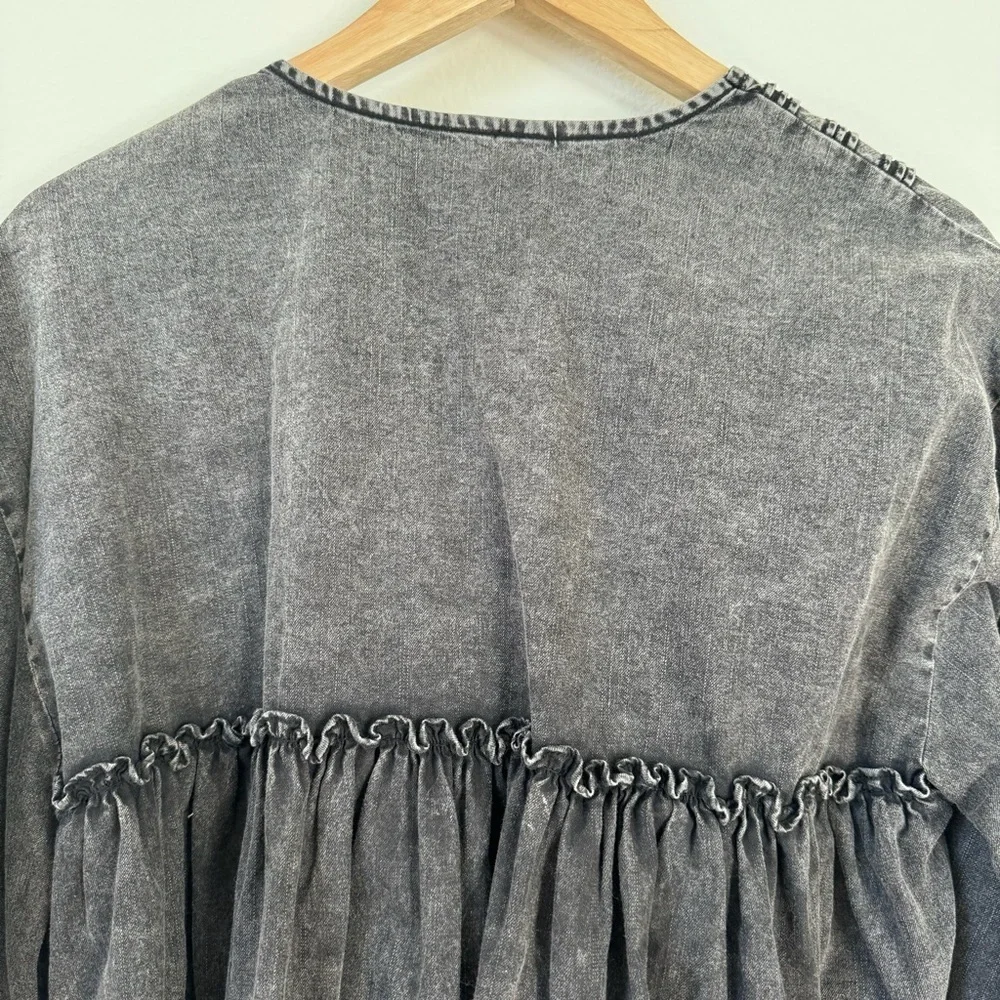 Free People Charlotte Gray Acid Denim Blouse Puff Sleeves XS Boho